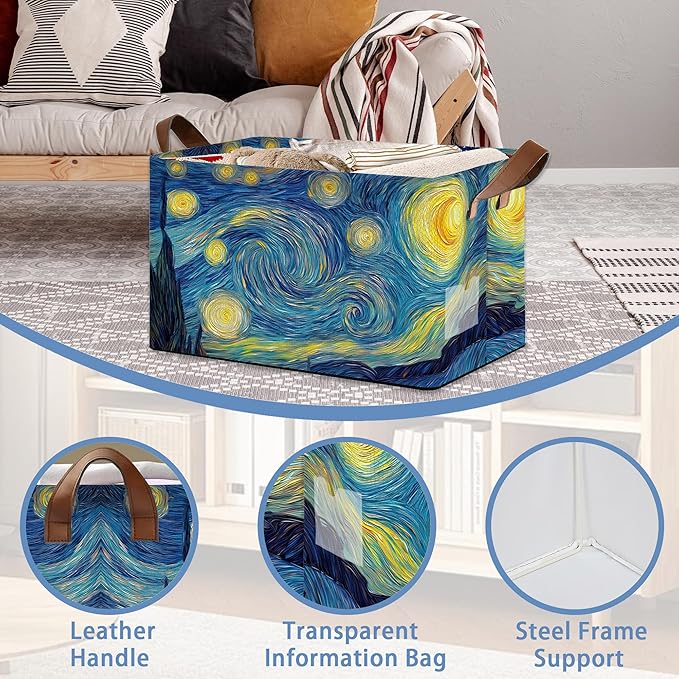 Starry Night Moon Storage Basket with Handles,Collapsible Rectangle Organizer Bin for Room Decoration Books Box Baskets 17x11.5x10Inch