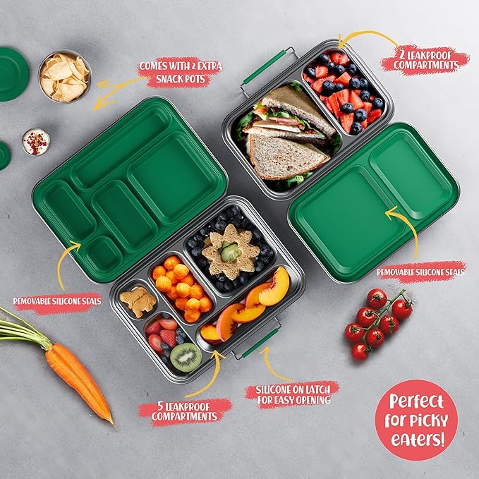 AOHEA Stainless Steel Bento Box Kids, Kids Metal Bento Lunch Box BPA Free Lunch Box Containers 304 Stainless Steel Bento Box for School and Office(Green)