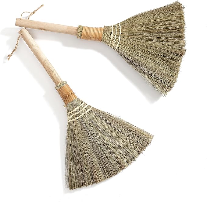 Set of 2 Vietnamese Soft Bristle Brooms, Asian Straw Broom for Kid, Decorative Broom 16.54 inch