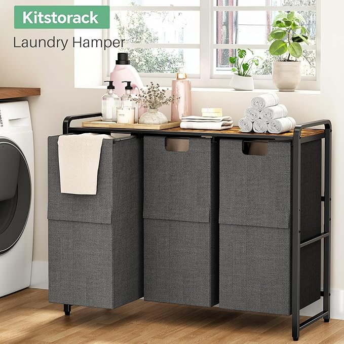 Kitstorack Laundry Hamper with Shelf - Laundry Basket Organizer with 3 Pull-Out Removable Bags Laundry Sorter Dirty Clothes Hamper for Laundry Room Storage Bathroom, 3 X 11.8 Gallons (44.5L)