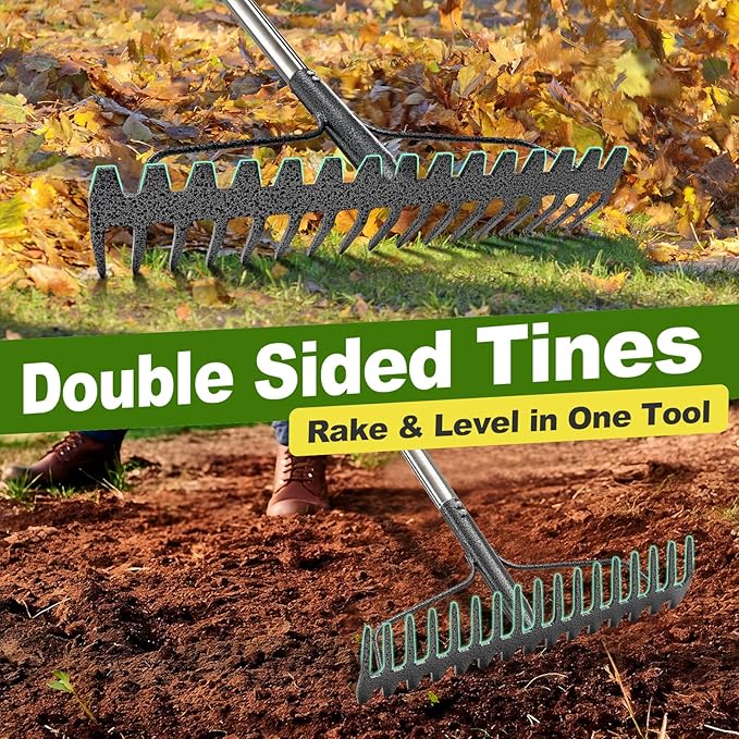 Bow Rake, 65" Heavy Duty Garden Rake with Wide 17 Tines Head & Stainless Steel Handle, Adjustable Rakes for Lawns Yard Loosening Soil Thatching Gathering Leaves Gravel