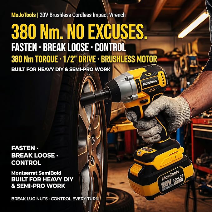 Brushless Cordless Power Tool Combo Kit for Heavy DIY & Semi-Professional Use – 50Nm Drill Driver, 380Nm Impact Wrench, 5" Angle Grinder LCD, 2×3000mAh Batteries, Carry Case &&Accessories