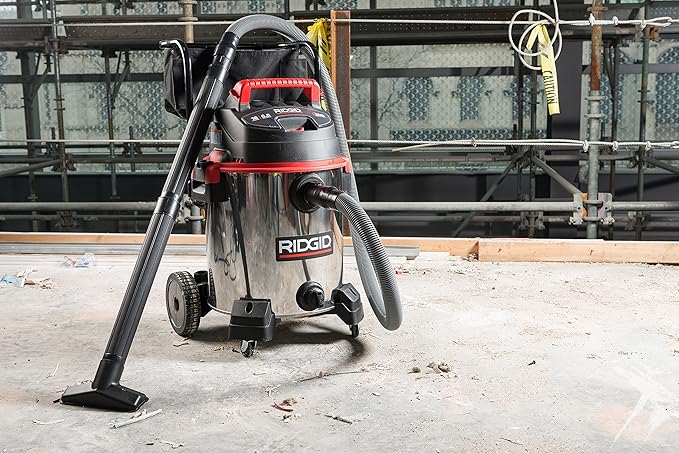 RIDGID 50353 1610RV Stainless Steel 16-Gal. Wet Dry Shop Vacuum with Cart, 6.5 Peak HP Motor, Large Wheels, Pro Hose, Drain, and Blower Port, Red