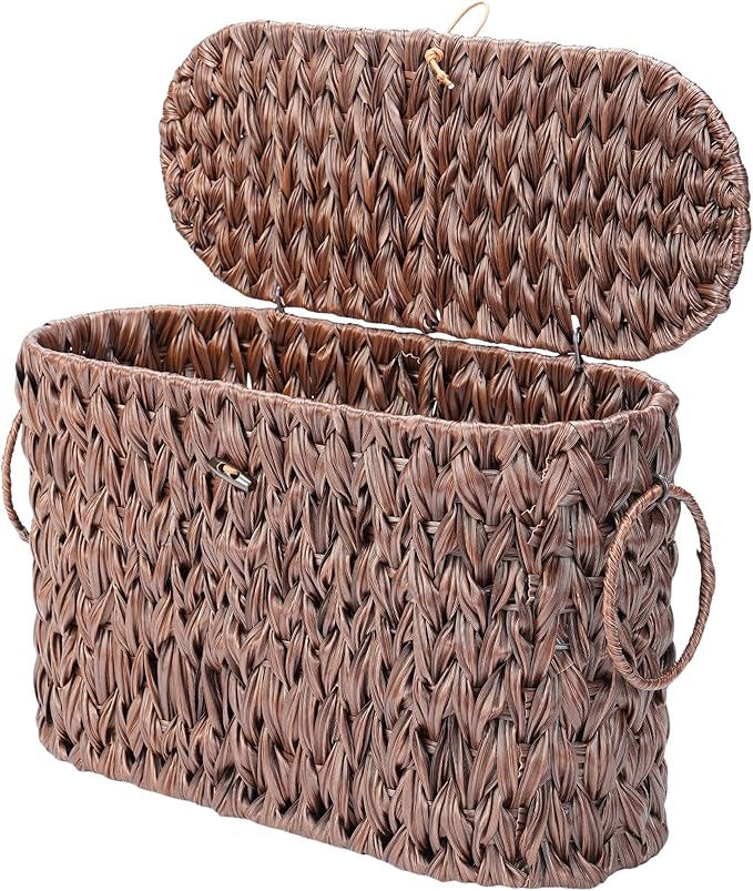 Coeusy Toilet Paper Basket with Lid, Water Hyacinth Wicker Basket for Bathroom Organizers and Storage, Holds Up to 6 Mega Rolls, Decorative Hand-Woven Rattan Bathroom Decor Accessories, Brown
