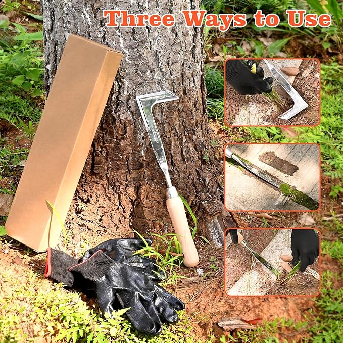 3-Sided Crevice Weeder - 12.6" Stainless Steel Garden Weeding Tool with Beech Handle, L-Shaped Crevice Weeder Sickle for Garden Lawn, Yard Patio Terrace, Paving Gaps