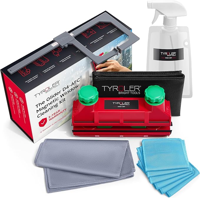 Tyroler Magnetic Window Cleaner Tool | The Glider D4 Window Cleaning Tool Fits Windows 0.1"-1.6" Thick | All-in-One Window Cleaning Kit | Magnetic Glass Cleaner Tool | Magnet Window Cleaner Tool