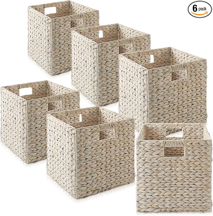 Casafield 12" x 12" Hyacinth Storage Baskets, Whitewash - Set of 6 Storage Organizers, Woven Wicker Cubes for Bathroom, Bedroom, Laundry, Shelves