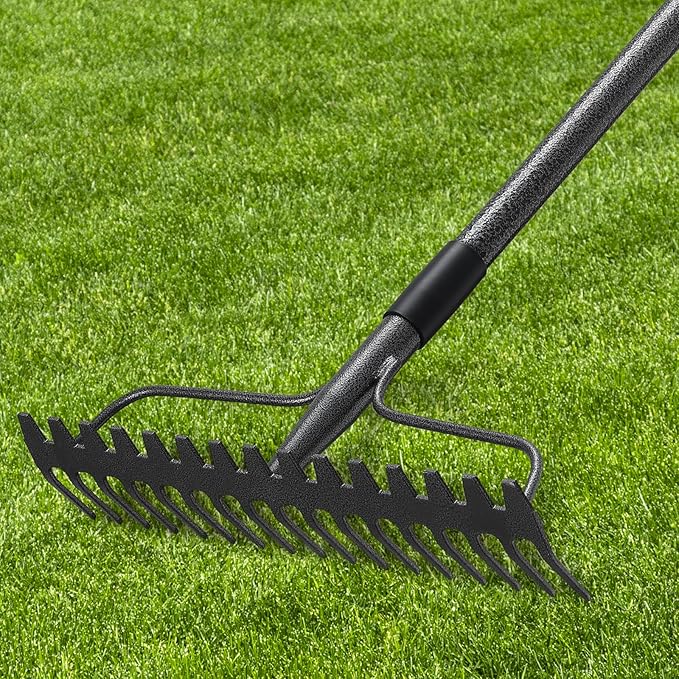 63'' Bow Rake ，17 Tines Metal Head Rakes with Stainless Steel Handle，Heavy Duty Garden Rake for Loosening Soil Gathering Leaf Leveling Lawn Farming Land Management Yarn Thatch Rake