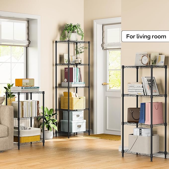 M MZG 5 Tiers Shelf Metal Storage Shelves Wire Rack Closet Organizers with Wheel for Garage Kitchen Bathroom Laundry Black 11.8" D x 17.7" W x 55" H