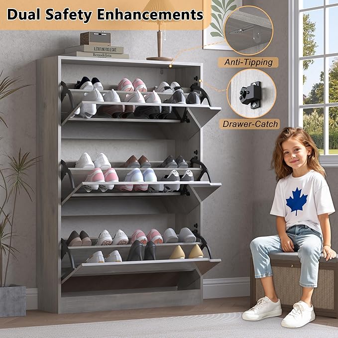 BORNOON Shoe Cabinet with 3-Flip Mirror Drawers, Freestanding Shoe Rack Organizer with Hidden Handle, Slim Narrow Shoe Storage Cabinet for Entryway, Entrance, Hallway, Bedroom
