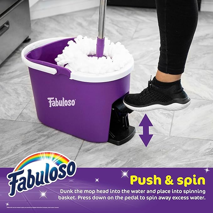 Fabuloso Spin Mop and Bucket, Hands-Free Wringing Spin Bucket - Machine Washable and Replaceable Microfiber Mop Head, Adjustable Pole Length - Clean Your Floors with Ease
