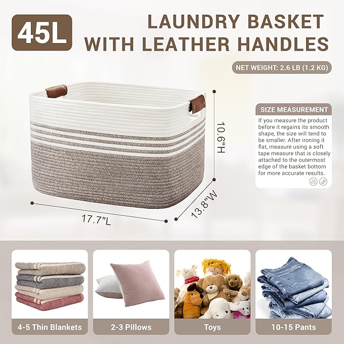 45L Small Laundry Basket with Leather Handles for Living Room Storage, Woven Rope Baskets Bin for Blanket, Kids Toy, Gifts, Wicker Hamper for Bedroom Dirty Clothes, 18"x14"x11" Dark Brown