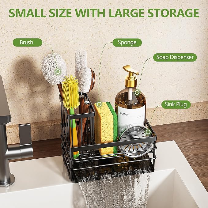 Cisily Sink Caddy Sponge Holder for Kitchen with Brush Holder and Stainless Steel Self Drain Tray, Rustproof Kitchen Sink Organizer for Sponge, Soap Dispenser Storage Accessories (Black)