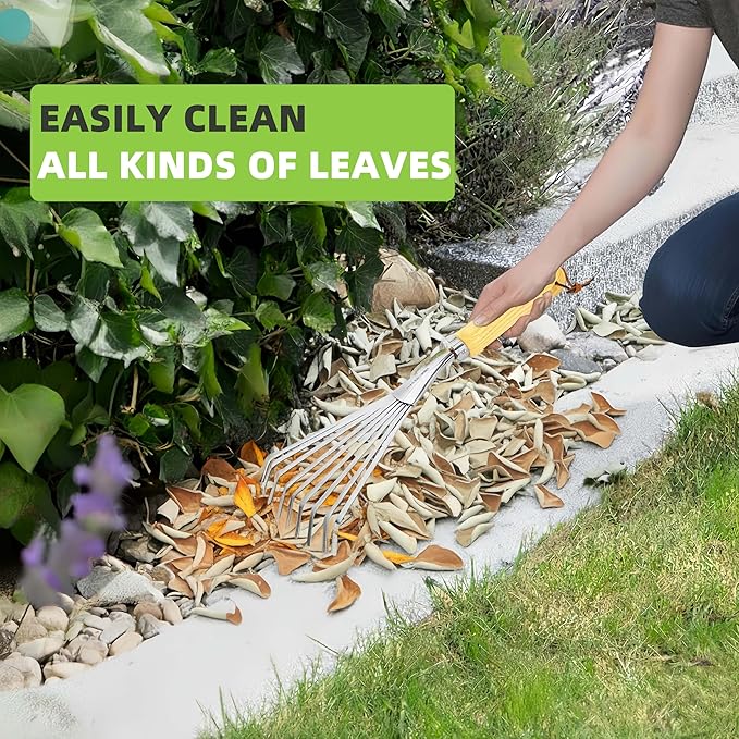 Hand Rakes, Garden Stainless Steel Hand Rake Soil Tiller with Ergonomic Handle, Small Leaf Rakes Great for Gardening, Garden Sweep Yard Flower Beds Tool