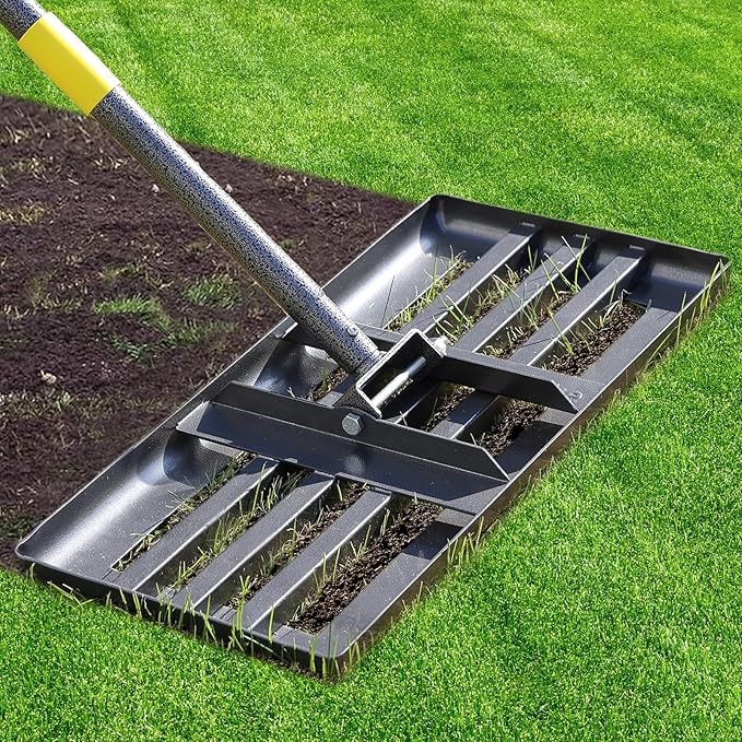 Lawn Leveling Rake - Heavy Duty 17"x10" Stainless Steel Leveler Plate,Reinforced Welds,28-60" Adjustable, Anti Flipping Smooth Edge,for Soil, Dirt,Ground,Backyard Top Dressing,Landscaping