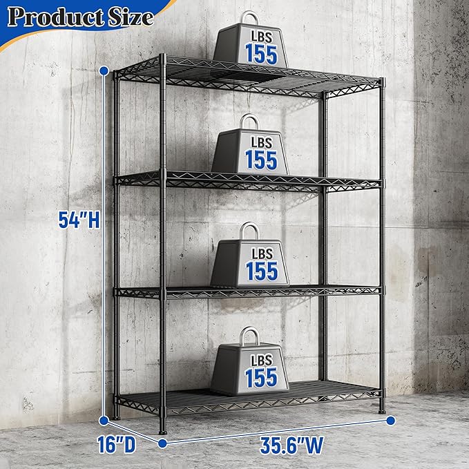 DurayLoly 4- Shelf Metal Shelving Unit Adjustable Storage Shelves Heavy Duty Garage Shelving Steel Wire Shelving for Laundry Bathroom Kitchen Pantry Closet Garage Black, 35.6Wx16Dx54H,2pc