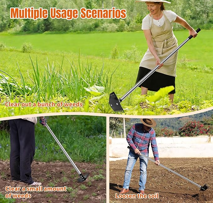 Weed Puller Tool with Long Handle, Manual Weed Remover Tool, 2 in 1 Weed Rake&Grabber and Garden Hoe, Dandelion Gardenia Heavy Duty Uprooting Tool for Yard, Lawn and Garden, 58Inch