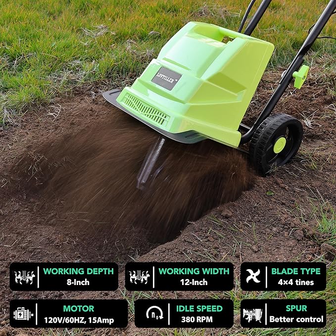 12 Inch Small Electric Corded Garden Tiller Cultivator 15 AMP Power Rototiller for Gardening with Adjustable Wheels