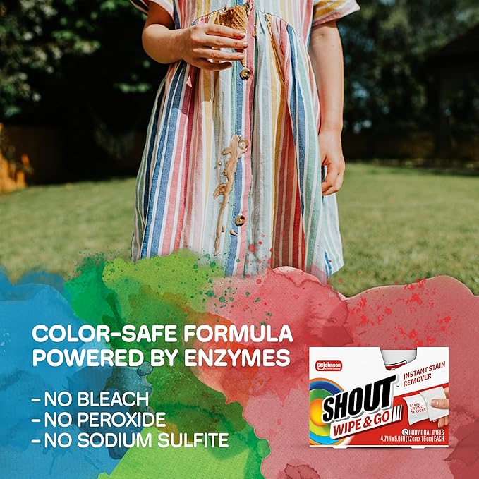 Shout Wipe & Go Instant Stain Remover Wipes, No Wash Required, Safe on Colorfast Washables, Travel & Baby Diaper Bag Essentials, Removes Grass, Coffee, Makeup & More, 4 Wipes (Pack of 1)