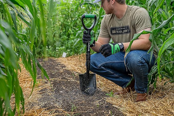 Hooyman Mini Digging Shovel with Heavy Duty Carbon Steel Construction, Ergonomic No-Slip H-Grip Handles, D Handle, and Serrated Blades for Gardening, Land Management, Yardwork, Farming, and Outdoors