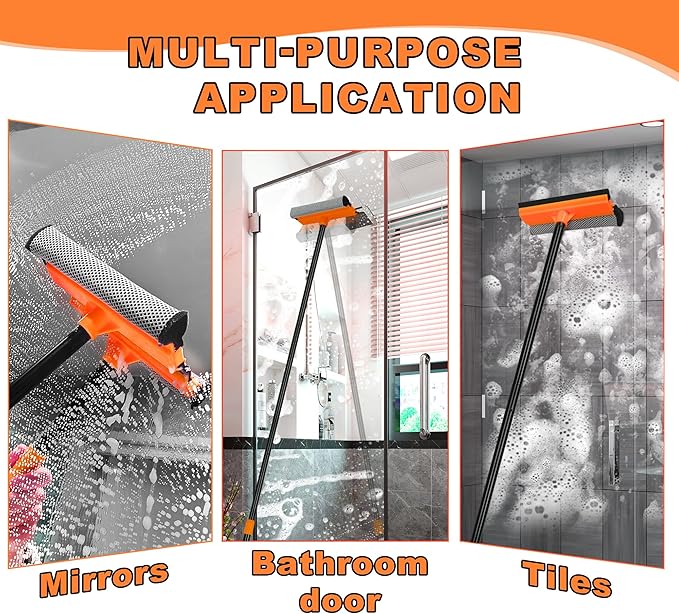 JEHONN Window Squeegee for Home Cleaning, 2-in-1 Car Windshield Washer Kit with Extension Pole 54.5 inches, Extendable Shower Glass Cleaner Tool for Mirror Auto Truck (Long & Short Handle Included)