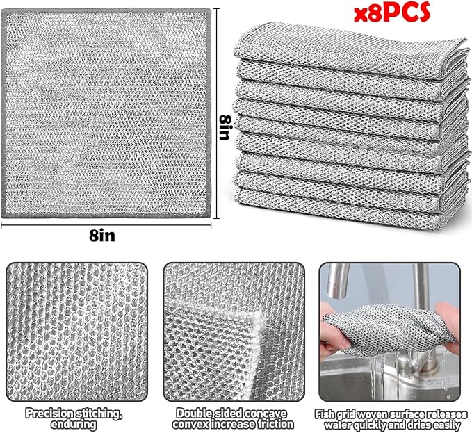 XANGNIER 8 Pcs Multipurpose Wire Dishwashing Rags,New Upgrade Non Scratch Wire Dishcloth,Steel Wool Cleaning Cloths,Multi Purpose Metal Mesh Miracle Cleaning Cloths for Kitchen,Dishes,Sink