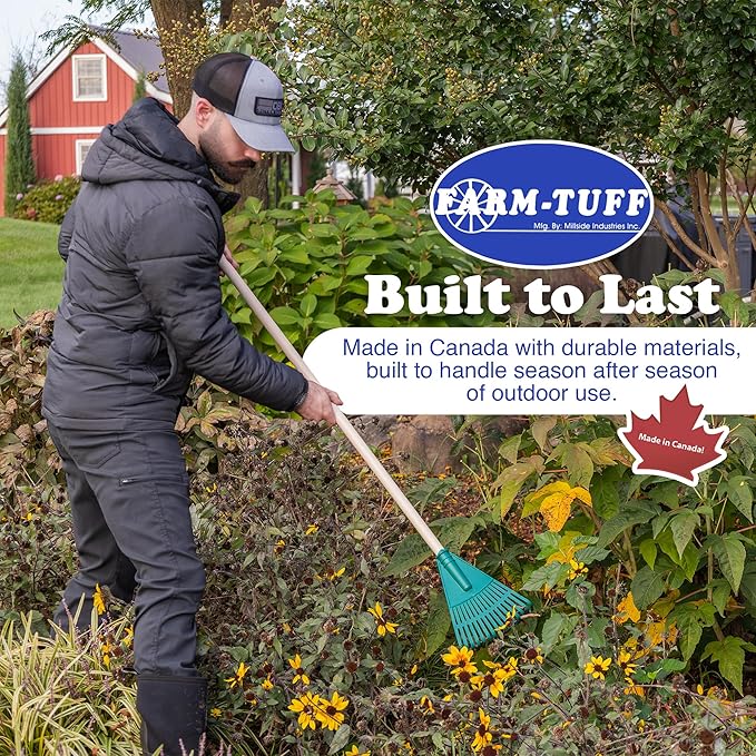FARM-TUFF 8 Inch Garden Rake with 48 Inch Hardwood Handle - Durable & Compact Garden Rake for Shrubs, Flower Beds, and Tight Spaces