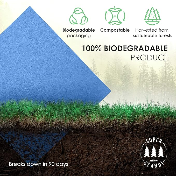 SUPERSCANDI 10 Pack Swedish Dishcloths for Kitchen - 100% Biodegradable & Compostable Reusable Paper Towels Washable, Food-Safe & Without Plastic - Dish Rags Suitable for Any Surface, Blue.