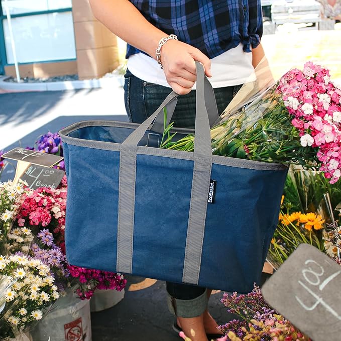 CleverMade EcoBasket 30L Collapsible Tote Basket 3 Pack – Reusable Grocery Tote That Stands Upright, Foldable Shopping Basket for Car Trunk Storage, Heavy Duty Utility Bag, 30 lb Capacity - Blue
