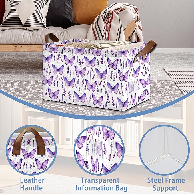 Lavender Storage Baskets,Purple Butterfly Foldable Organizer Bin with Handles for Home Living Room Bedroom Closet Box 17x11.5x10Inch