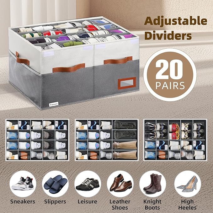 Supowin Shoe Organizer for Closet, Foldable Shoe Storage Bins with Lid & Adjustable Dividers, Fabric Shoe Box Storage Containers with Four Reinforced Handles, Fits 20 Pairs, 1 Pack, Grey