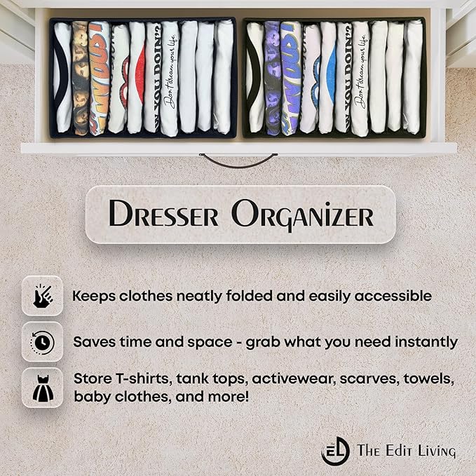 Drawer Organizer Clothes - 3 Set Multipurpose Dresser Drawer Organizer for Adults & Kids, Closet Foldable 10 Cells per Organizer - Non-Woven Fabric, T-Shirts, Baby Clothes, Shorts Organizer - Black
