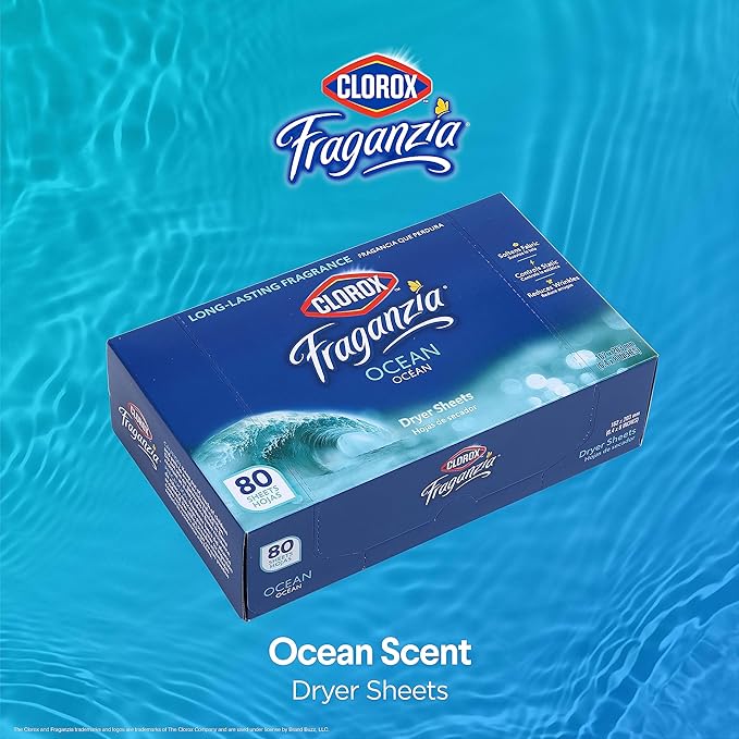 Clorox Fraganzia Fabric Softener Dryer Sheets, Wrinkle Reducing and Anti Static Laundry Dryer Sheets for Great Smelling Clothes, Softens Fabrics, Fresh Ocean Scent, 80 Count