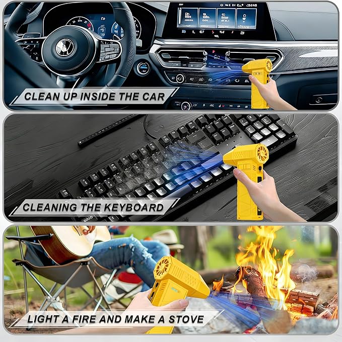 PATAZONE Electric Air Duster High-Speed,Rechargeable,Perfect for Blowing Leaves,Wood Chips,Compressed Air Dust&Sand for Car,House,Outdoor Clean Dry Sawdust Sand,80000RPM Brushless Motor (Yellow)