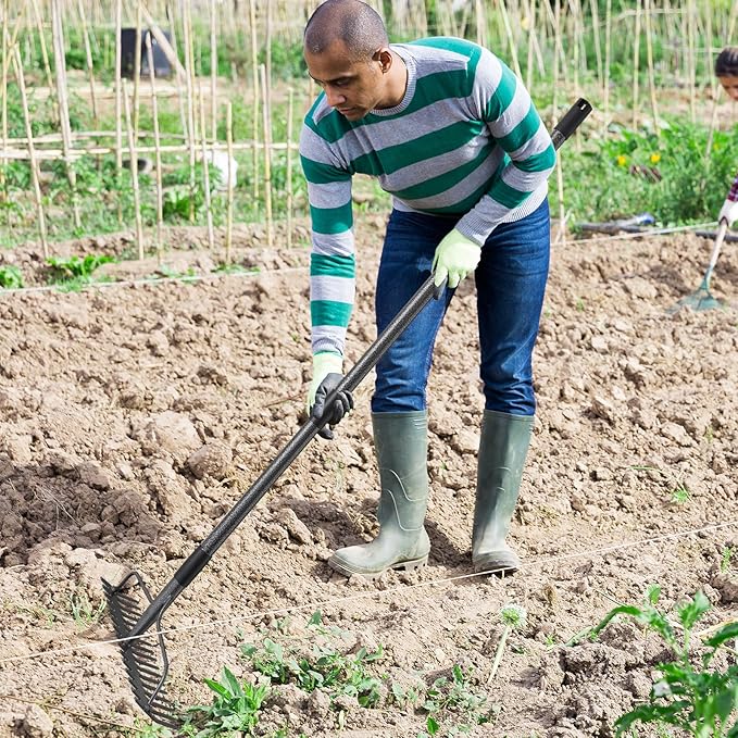 36'' Heavy Duty Garden Rake with Stainless Steel Handle, Metal Head for Loosening Soil, Gathering Leaves, Leveling Lawns