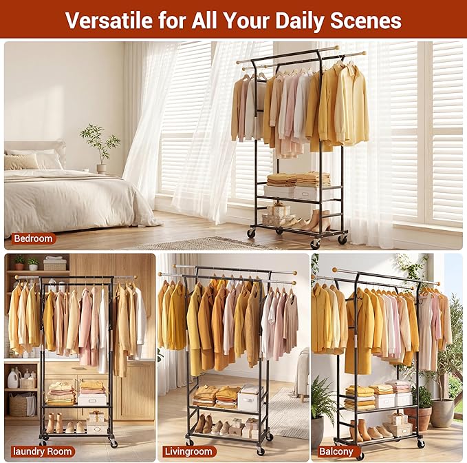 Clothes Rack with 3-Level Height Adjustment - Double Rod Extendable Hanging Rails with Wooden Finials, Luxury 2-Tier Metal Storage Shelves - Sturdy Wardrobe Rack for Closet, Bedroom or Laundry