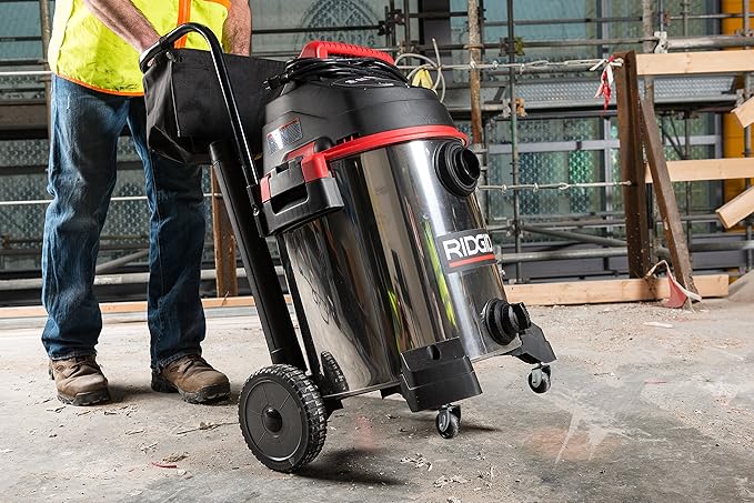 RIDGID 50353 1610RV Stainless Steel 16-Gal. Wet Dry Shop Vacuum with Cart, 6.5 Peak HP Motor, Large Wheels, Pro Hose, Drain, and Blower Port, Red