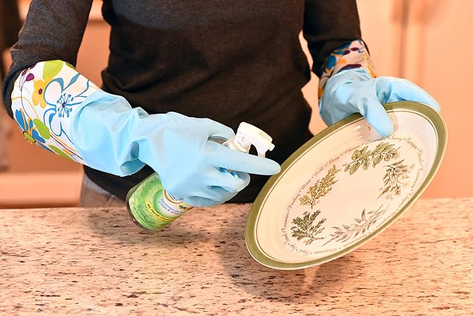 Household Gloves Latex-Free, 15" Long Cuff, Soft Lining, Adjustable Strap, Multi-Layer Protection, Flexible, Comfortable, Chemical-Resistant, Reusable for Cleaning, Dishwashing, 4 Pair Large