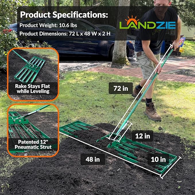 Landzie AeroLeveler - The Lawn Leveling Rake That Never Flips - Patented 48" inch Wide Pneumatic Lawn Level for Yard, Dirt, Soil, Sand, Provides Stability and Control (Pneumatic 48" Leveling rake)