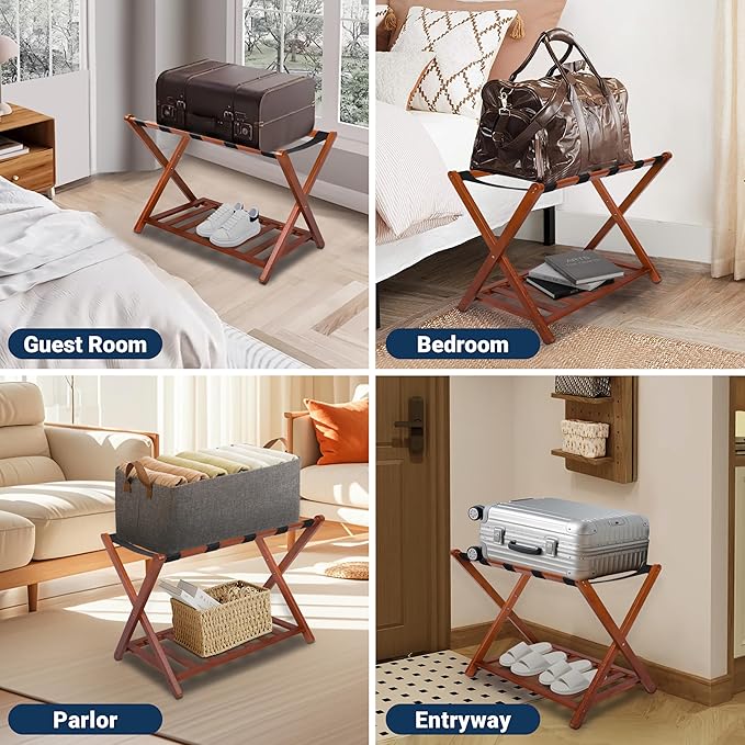 Whitmor Bamboo Luggage Rack with Bottom Shelf, Foldable Suitcase Stand, Heavy Duty Storage Shelf, 5 Nylon Straps & X-shaped Frame, Fully Assembled Walnut Luggage Holder for Guest Room, Bedroom, Hotel