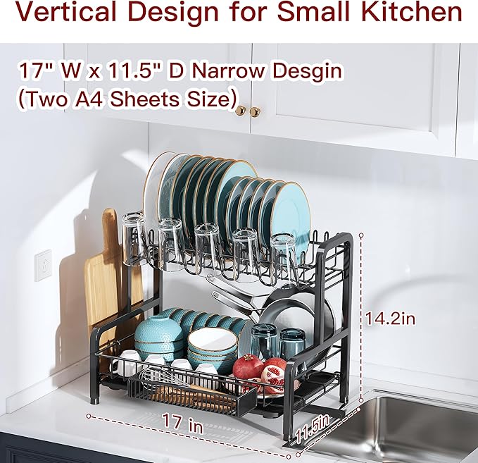 2 Tier Dish Drainers Drying Rack for Kitchen Counter Large Stainless Steel Dishes Drain with Drainboard, Space Saving, Big Modern Black Countertop Metal Plates Dryer Strainer Holder and Extra Tray