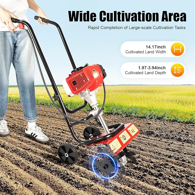 Gas Powered Tiller Cultivator 52cc 2 Stroke Gas Garden Tiller with Hand-Pull Recoil and 1.9KW 6500-7000RPM Gasoline Engine, for Plowing/Tilling/Furrowing