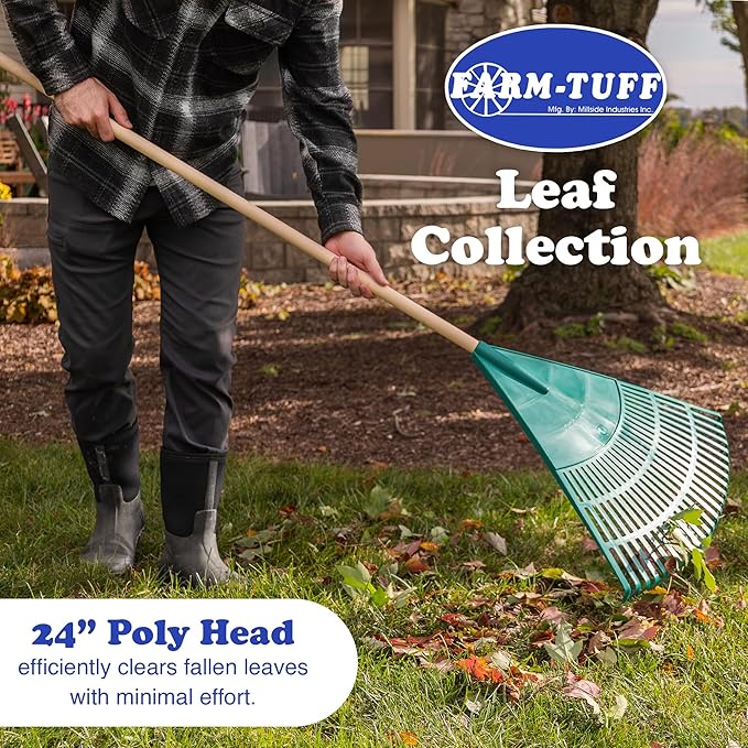 FARM-TUFF 24 Inch Leaf & Lawn Rake with 48 Inch Hardwood Handle - Extra-Wide, Durable Rake for Lawns, Gardens, and Yard Cleanup