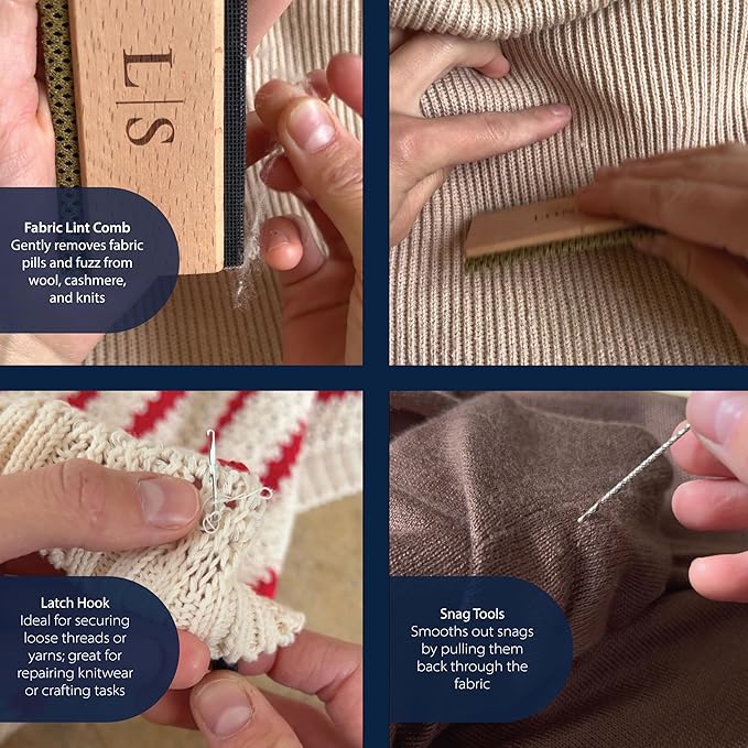 Lint Comb, Cashmere Comb, Wool Comb, Lint Shaver, Snag Repair Needles, Latch Hook. Complete Garment Repair kit, Sewing Kit