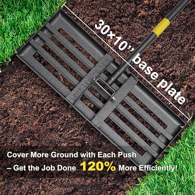 Lawn Leveling Rake - Heavy Duty 30"x10" Stainless Steel Leveler Plate,Reinforced Welds,28-60" Adjustable, Anti Flipping Smooth Edge,for Soil, Dirt,Ground,Yard Top Dressing,Landscaping
