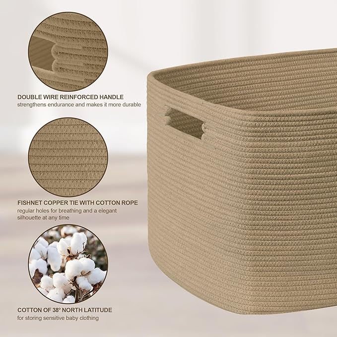 60L Small Wicker Laundry Basket for Living Room Storage,Boho Woven Cotton Rope Baskets for Kids Toy,Gifts,Square Blanket Hamper for Bedroom Dirty Clothes,Jute