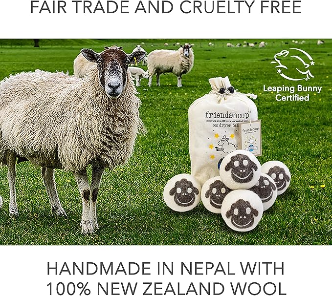 Friendsheep Wool Dryer Balls, Organic Reusable Fabric Softener Alternative for Laundry, Handmade, Fair Trade, Hypoallergenic, Eco-Friendly, Plastic-Free (6 Pack XL – Sheep Flock of Friends)