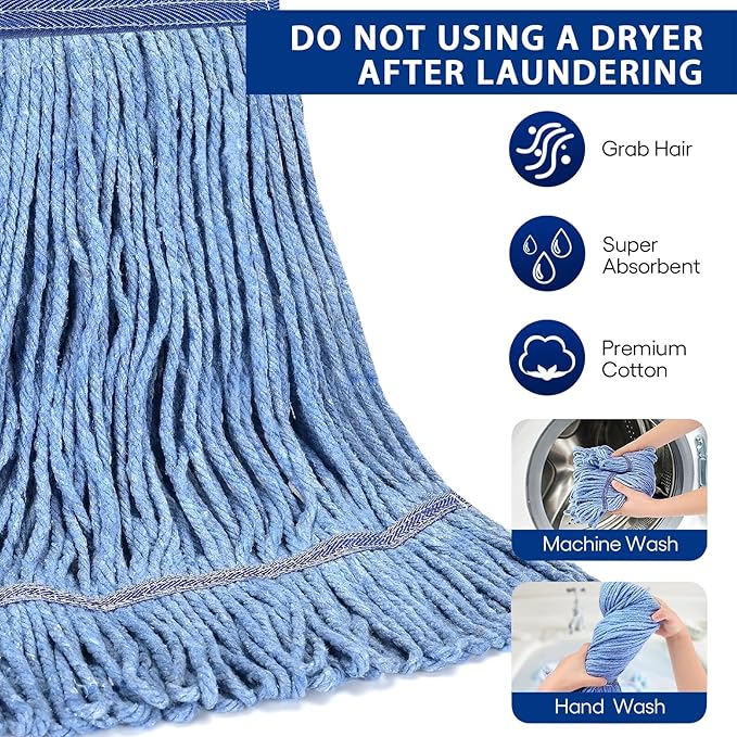 Matthew Cleaning Heavy Duty Mop Head Commercial Replacement for General and Floor Cleaning , Wet Industrial Blue Cotton Looped End String Head Refill (Pack of 12) Blue