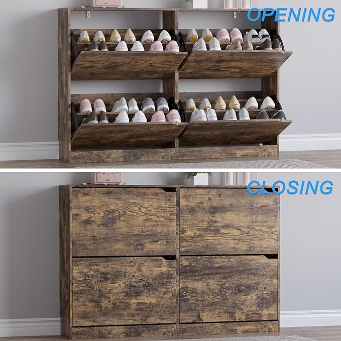 BORNOON Shoe Cabinet with 4 Flip Drawers, Narrow Hidden Shoe Storage Cabinet, Slim Freestanding Shoe Rack Organizer for Entryway, Hallway, Bedroom, Living Room