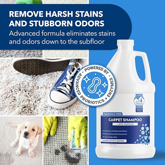 Unique Carpet Shampoo & Stain Remover, 128 oz - Pet Odor Eliminator and Bacteria and Enzyme Cleaner for Cat Urine, Dog Urine, Red Wine, Old Stains - Carpet Cleaner Spray for Machines & Manual Use